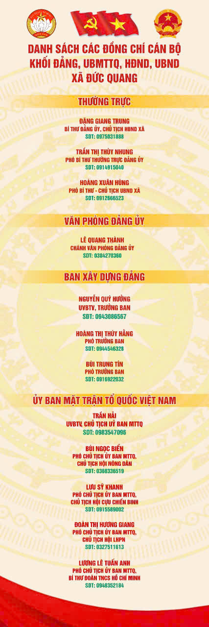 Thông tin chức danh, số điện thoại các đồng chí lãnh đạo Đảng ủy - HĐND - UBND - UBMTTQ xã Đức Quang (Hà Tĩnh)