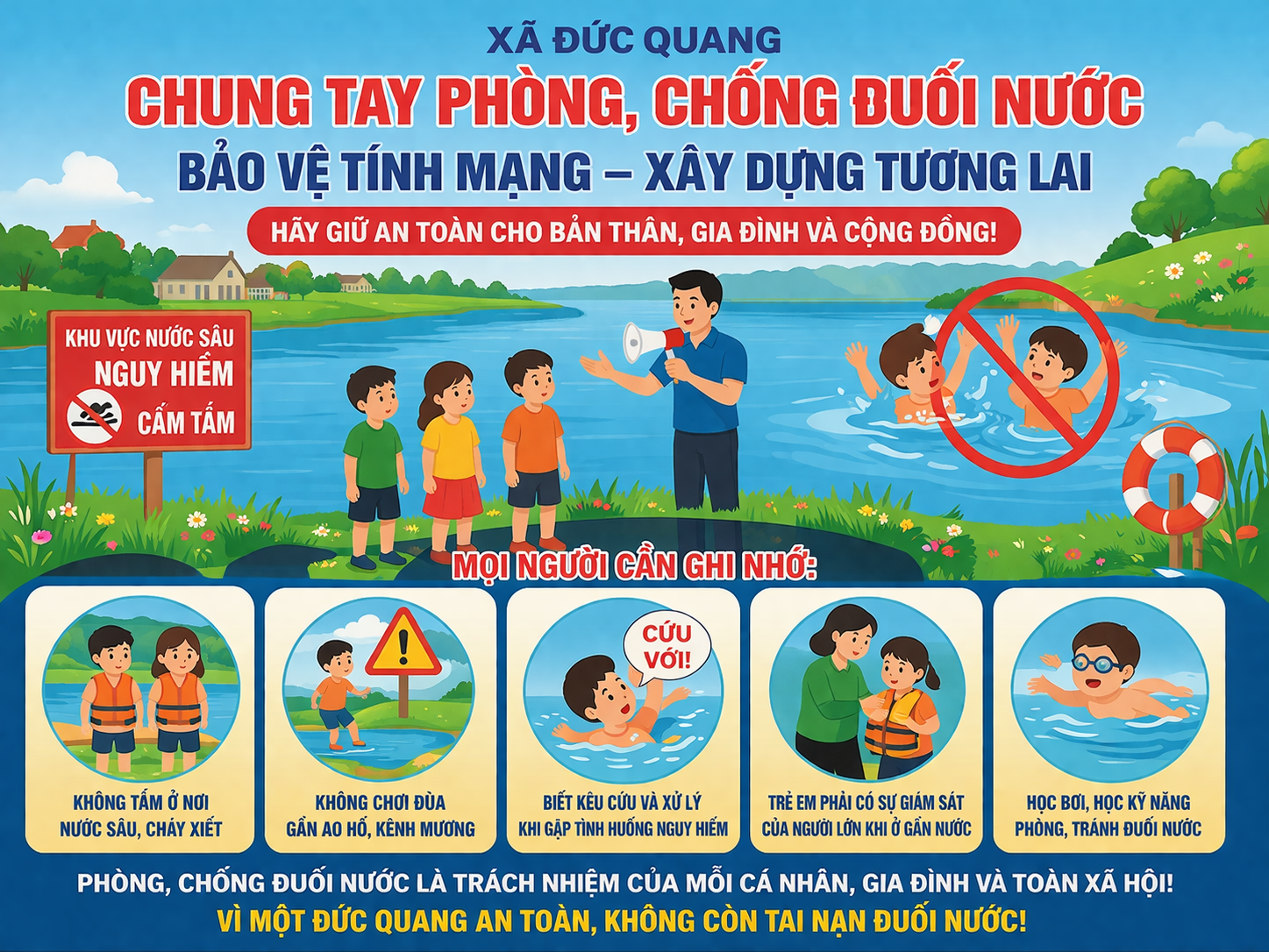 Mỗi người dân Đức Quang hãy là một tuyên truyền viên tích cực tuyên truyền phòng, chống đuối nước, góp phần xây dựng môi trường sống an toàn, lành mạnh cho cộng đồng.