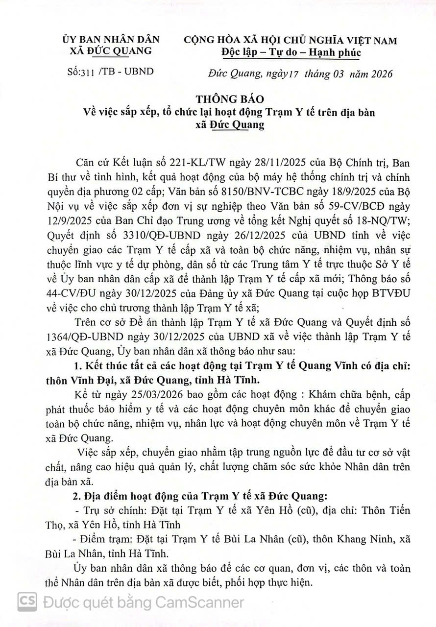 THÔNG BÁO Về việc sắp xếp, tổ chức lại hoạt động Trạm Y tế trên địa bàn xã Đức Quang 